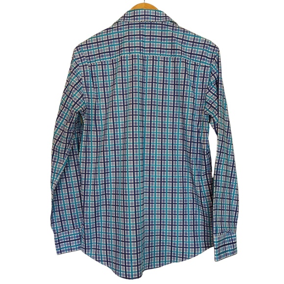 Bugatchi Men’s Blue Plaid Long Sleeve Flip Cuff Button up Shirt - Picture 2 of 14
